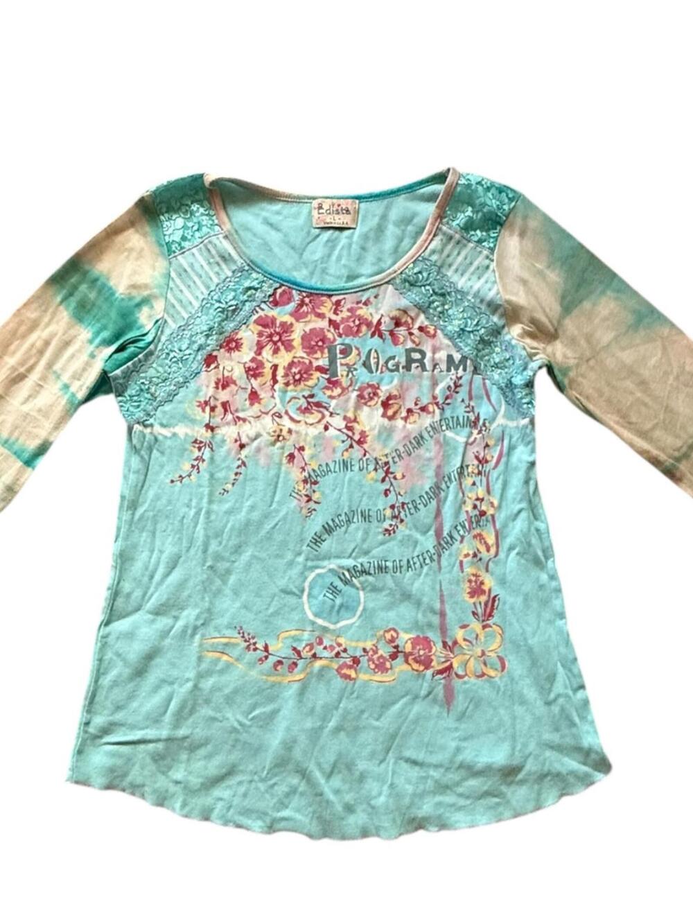 Vintage Edista Made in USA Lace Sequin Floral Tie Dye Graphic Top Women’s Large